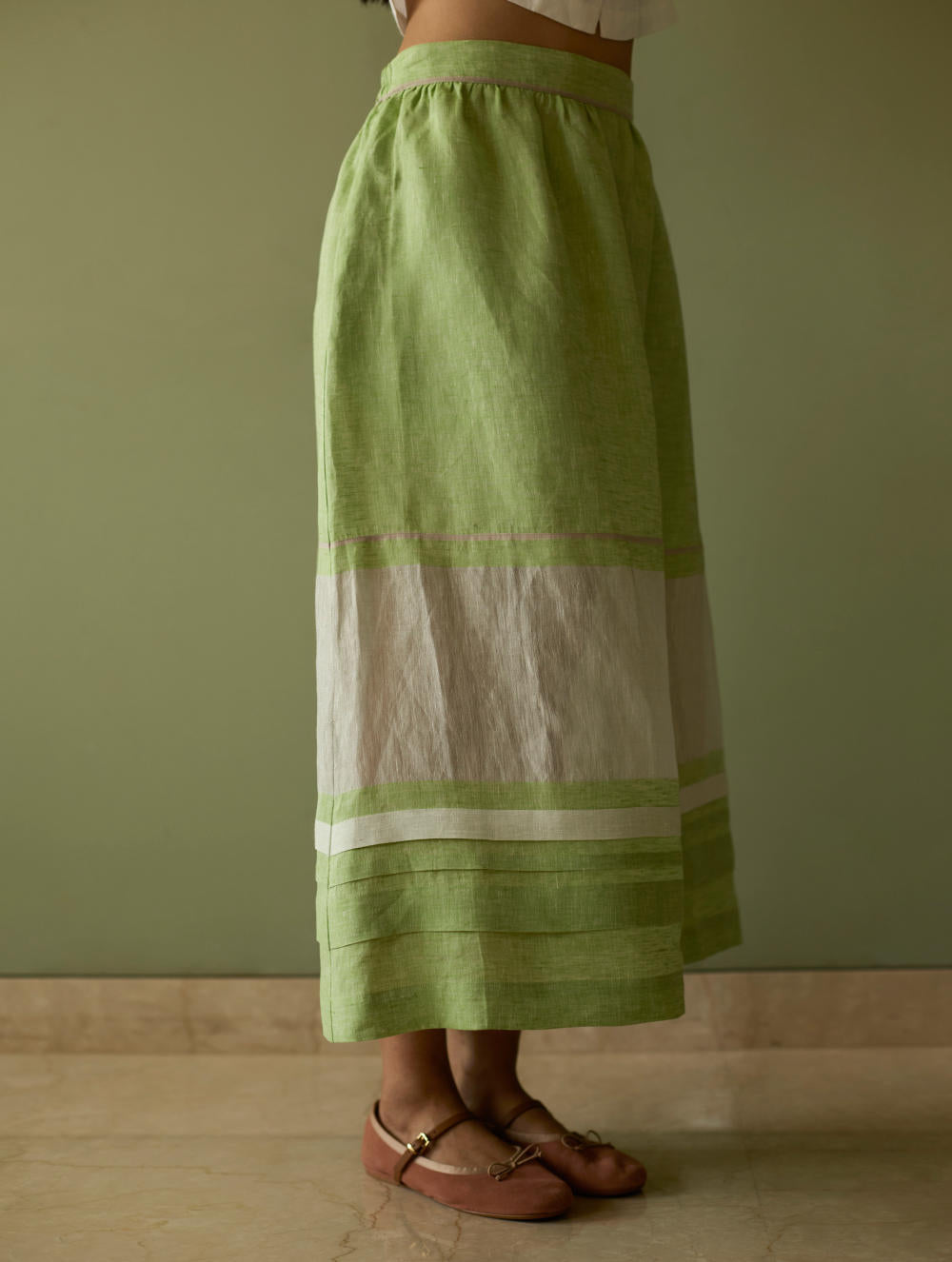 Ora Pleated Border Linen Skirt-Meadow