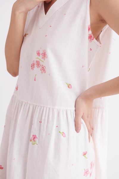 V-neck Cherry Blossom Print Dress in Soft Khadi