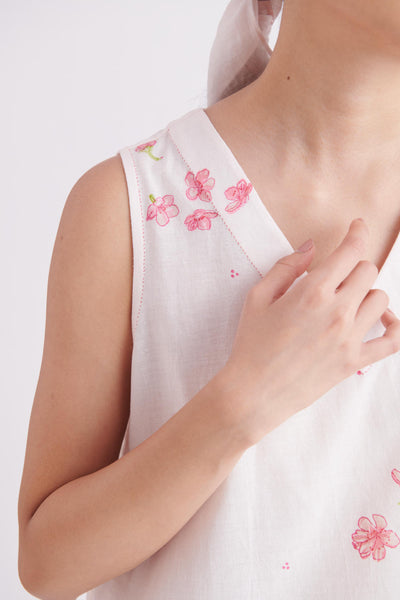 V-neck Cherry Blossom Print Dress in Soft Khadi