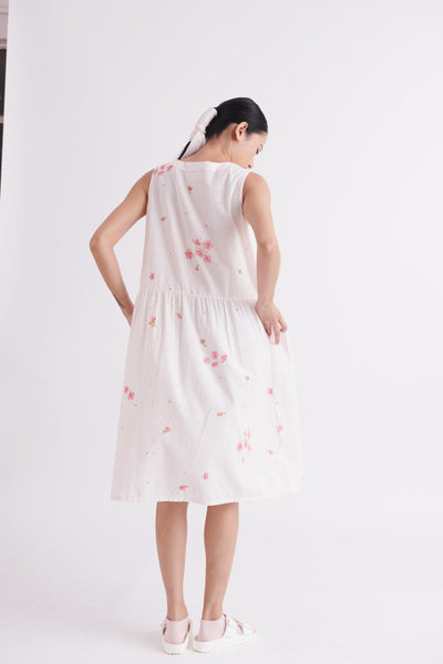 V-neck Cherry Blossom Print Dress in Soft Khadi