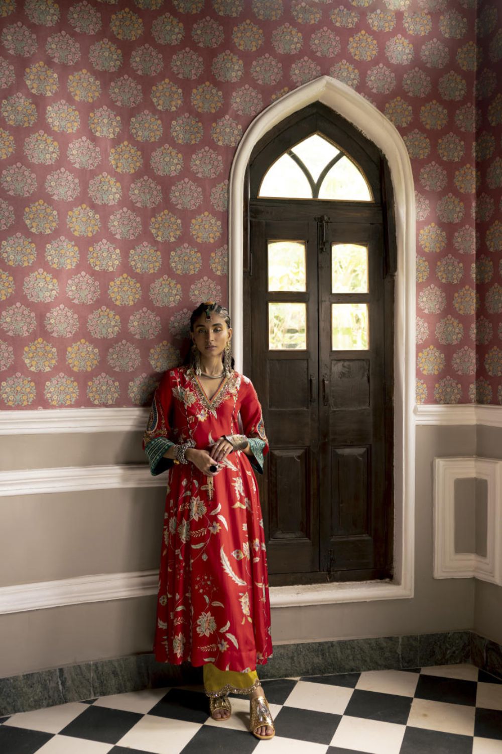 Fariba Red Printed Side Kali Kurta Set