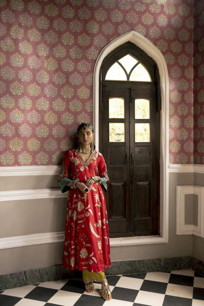 Fariba Red Printed Side Kali Kurta Set