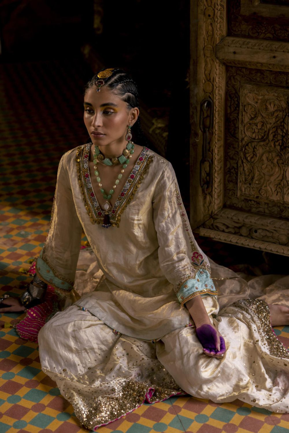 Fariba Ivory Golden Tissue Sharara Set