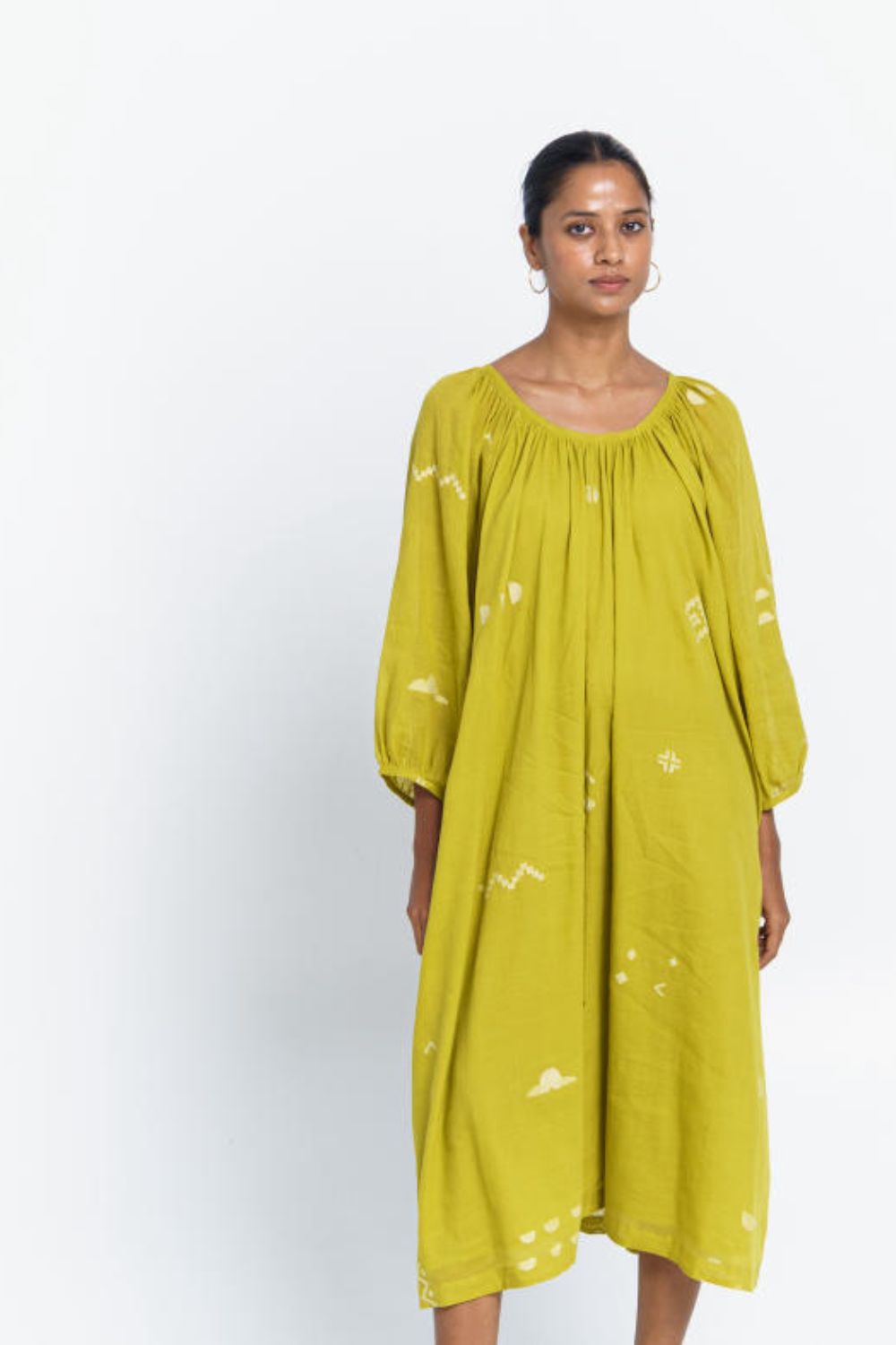 Ochre scoop-neck gathered dress