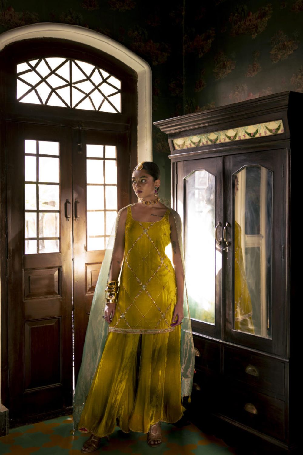 Fariba Yellow Silk Velvet Sharara Set