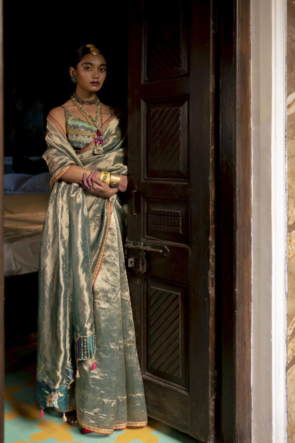 Fariba Teal Tissue Sari Set