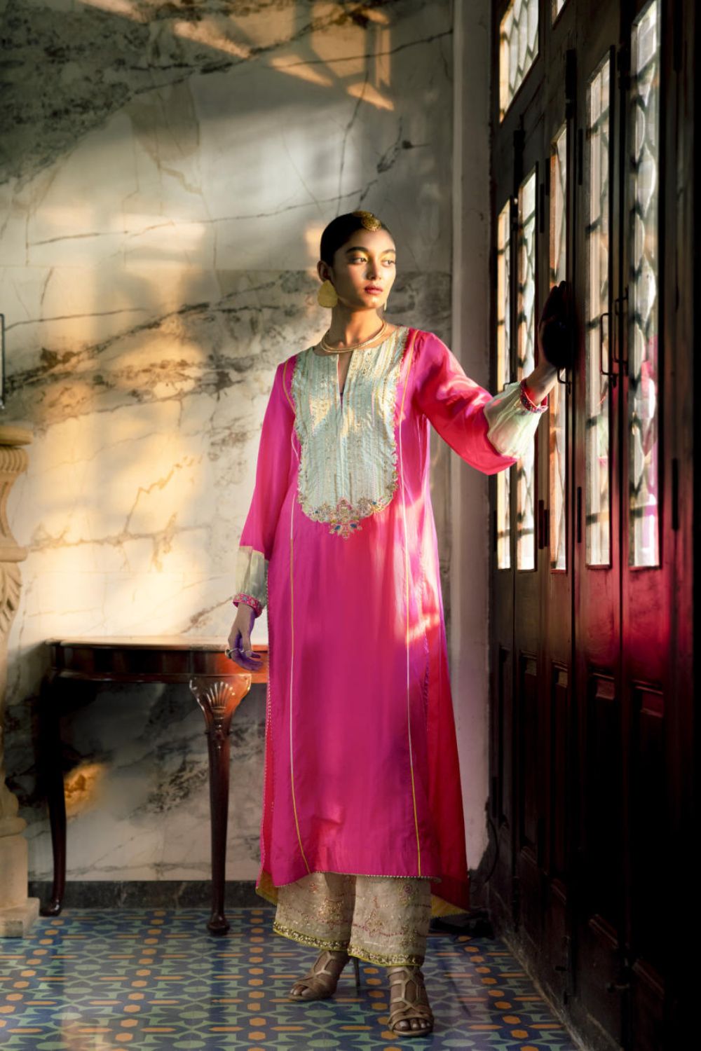 Fariba Hot Pink Silk Back Pleat Yoke Kurta