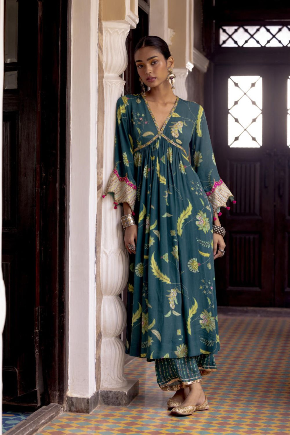 Fariba Teal Bell Sleeve Printed Kurta Set