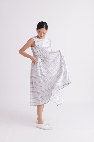 Blue Fine Stripes Dress in 100% High Twist Cotton