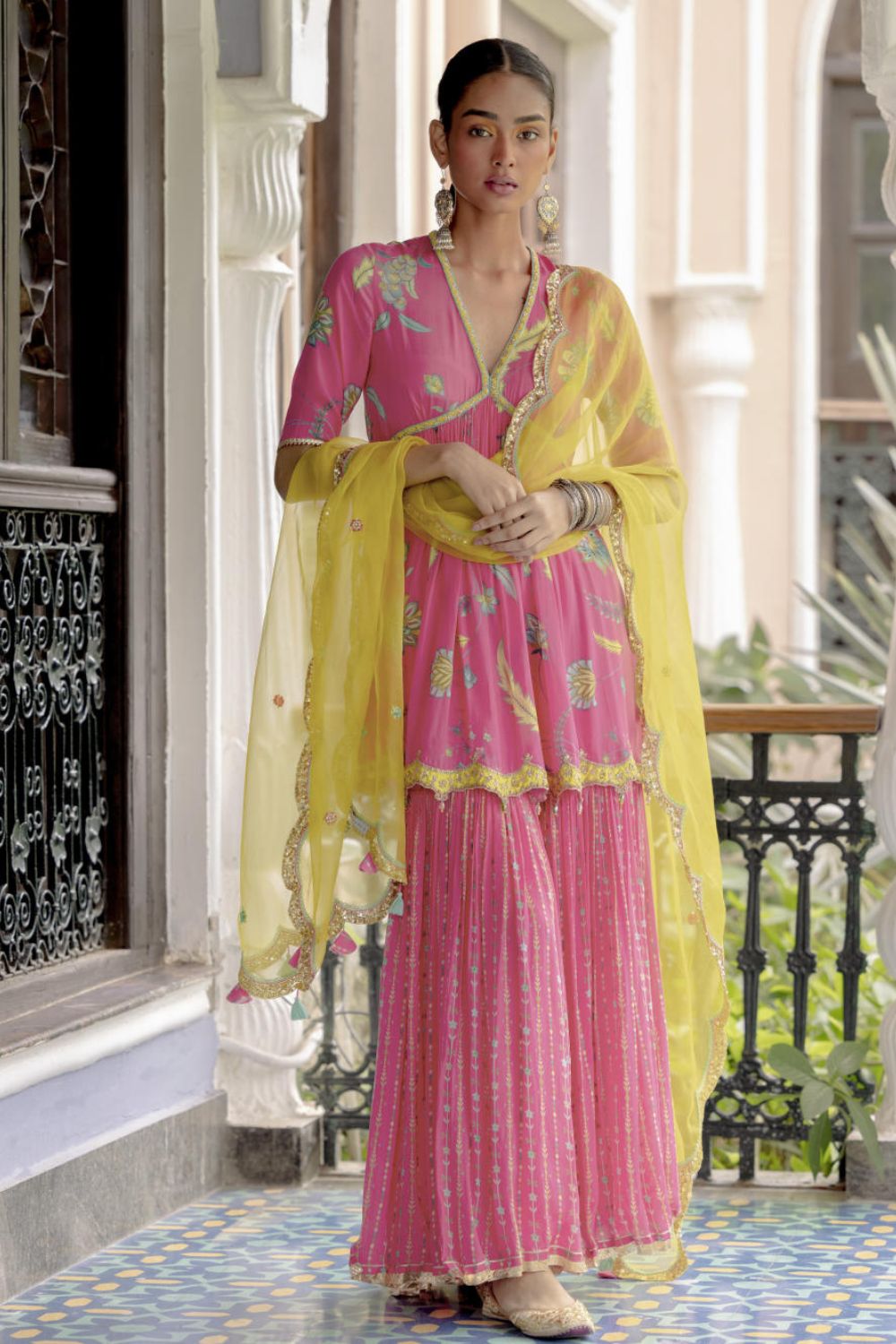 Fariba Bright Pink Printed Scallop Gharara Set