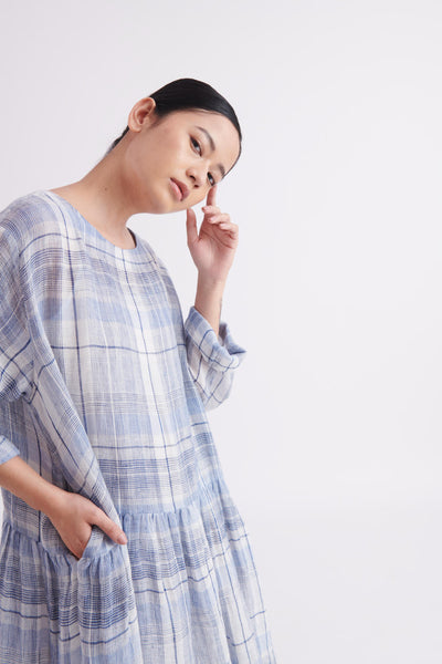 Handloom Linen Gauze Dress in Blue Checks