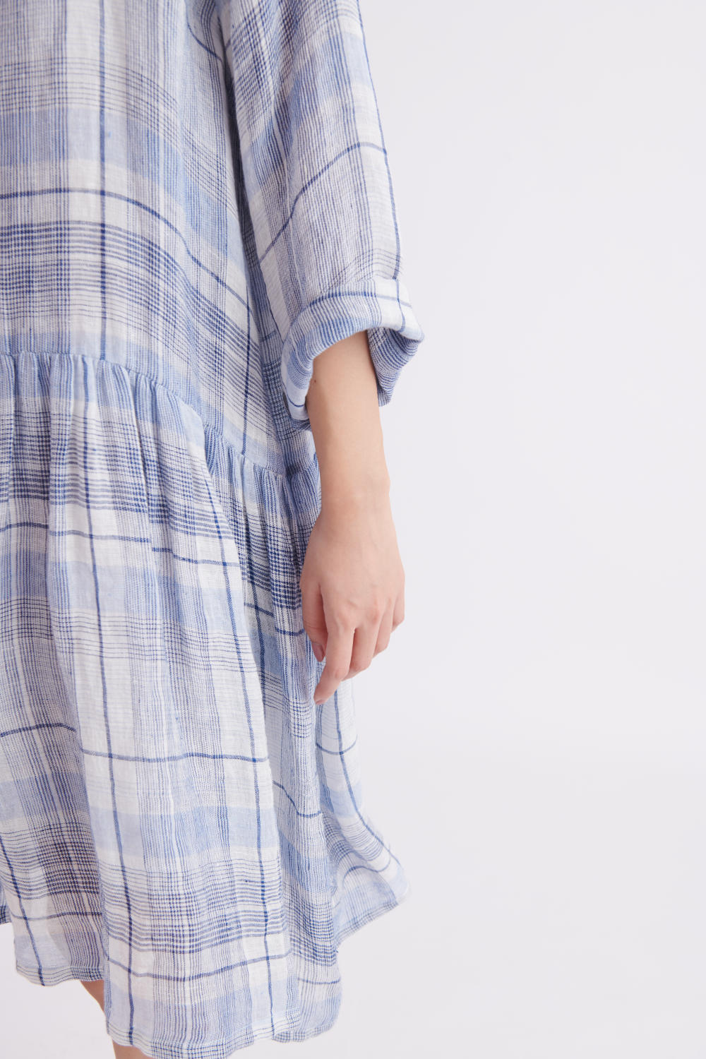 Handloom Linen Gauze Dress in Blue Checks