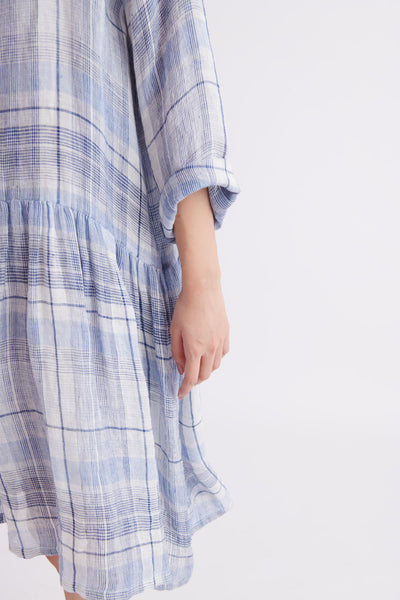 Handloom Linen Gauze Dress in Blue Checks