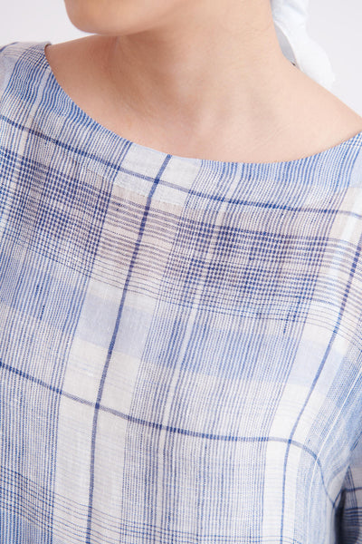 Handloom Linen Gauze Dress in Blue Checks