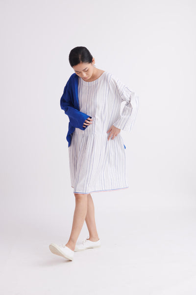 Handloom High twist Cotton Dress in Blue stripe and Low Waist