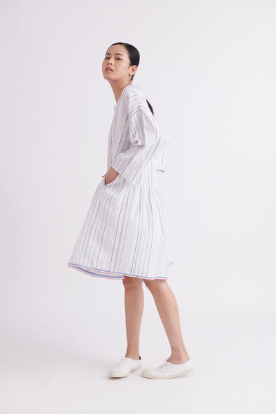 Handloom High twist Cotton Dress in Blue stripe and Low Waist