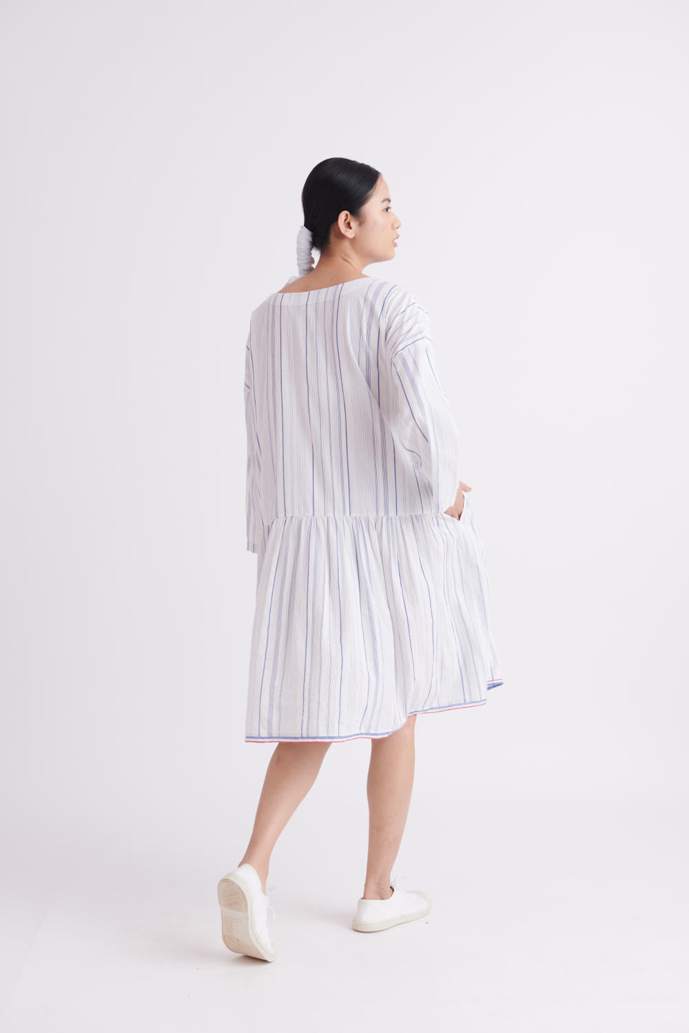 Handloom High twist Cotton Dress in Blue stripe and Low Waist