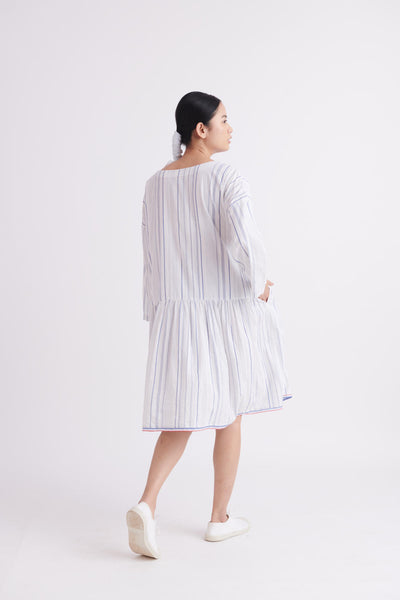 Handloom High twist Cotton Dress in Blue stripe and Low Waist