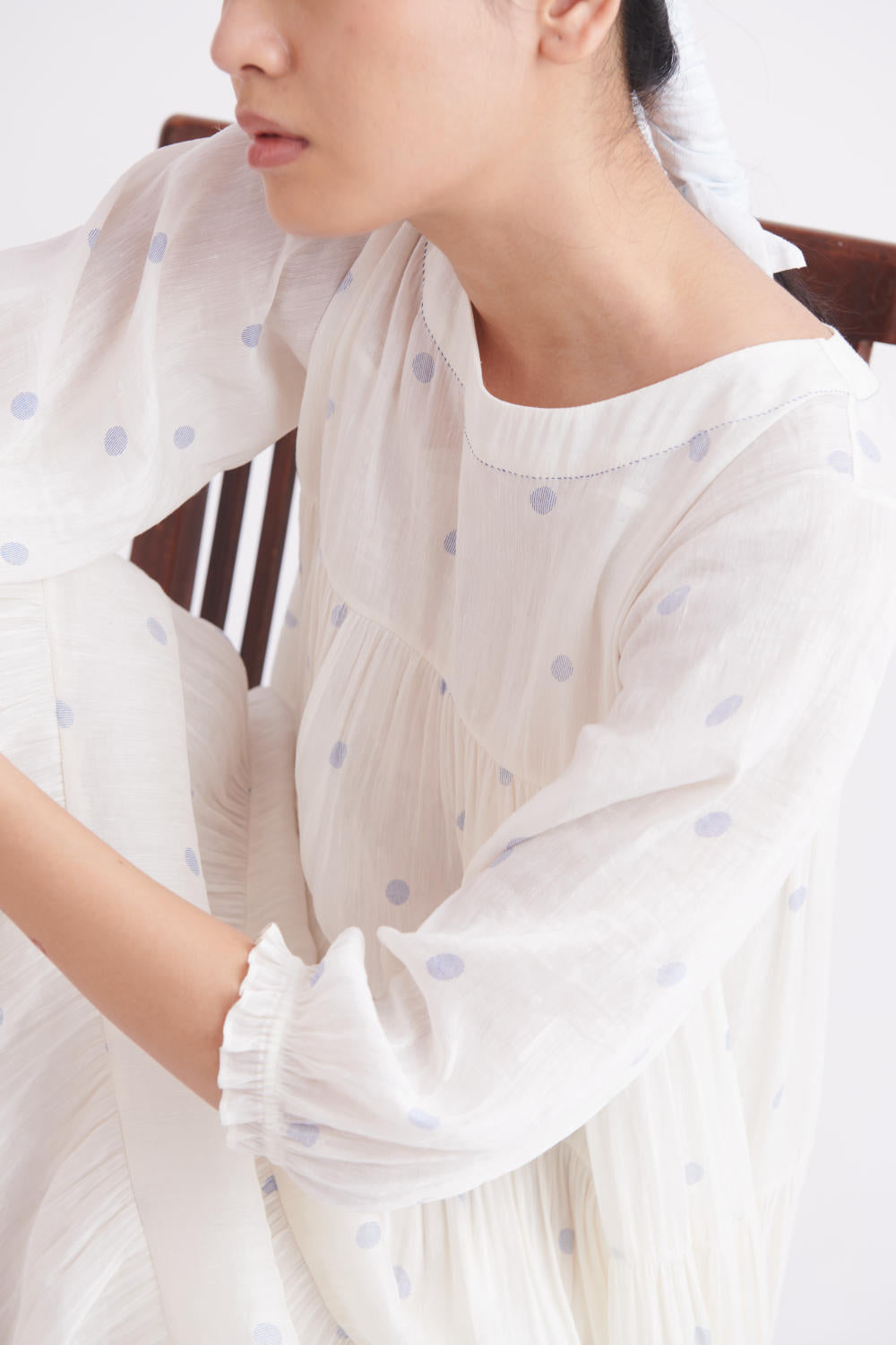Handloom Linen Silk Dress in Blue Polka