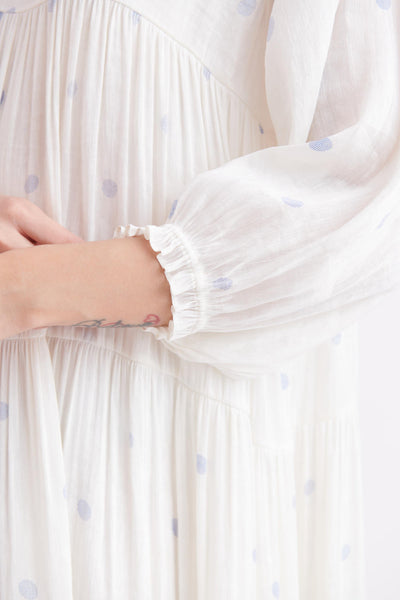Handloom Linen Silk Dress in Blue Polka