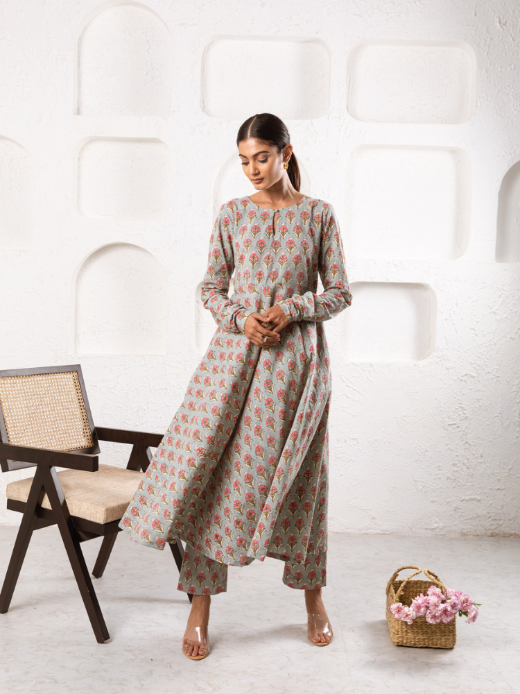 Grey Pansy Kurta Set