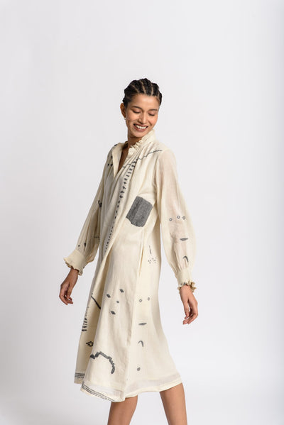 Abstract jamdani flared dress - Off - White