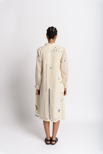 Abstract jamdani flared dress - Off - White