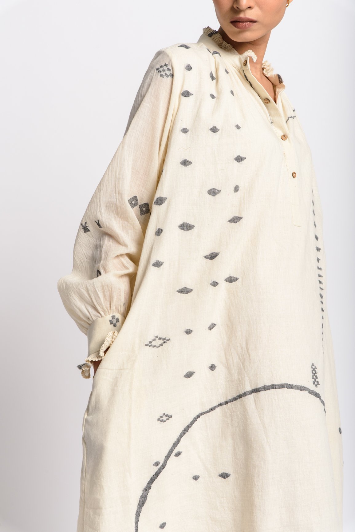 Abstract jamdani flared dress - Off - White