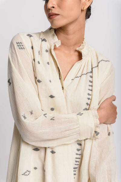 Abstract jamdani flared dress - Off - White
