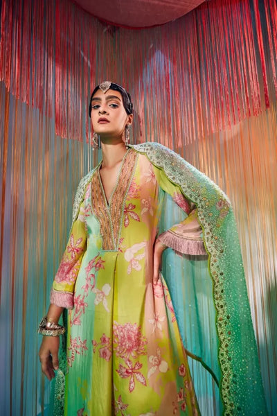 LIME YELLOW ORCHID FRONT PLEAT KURTA SET