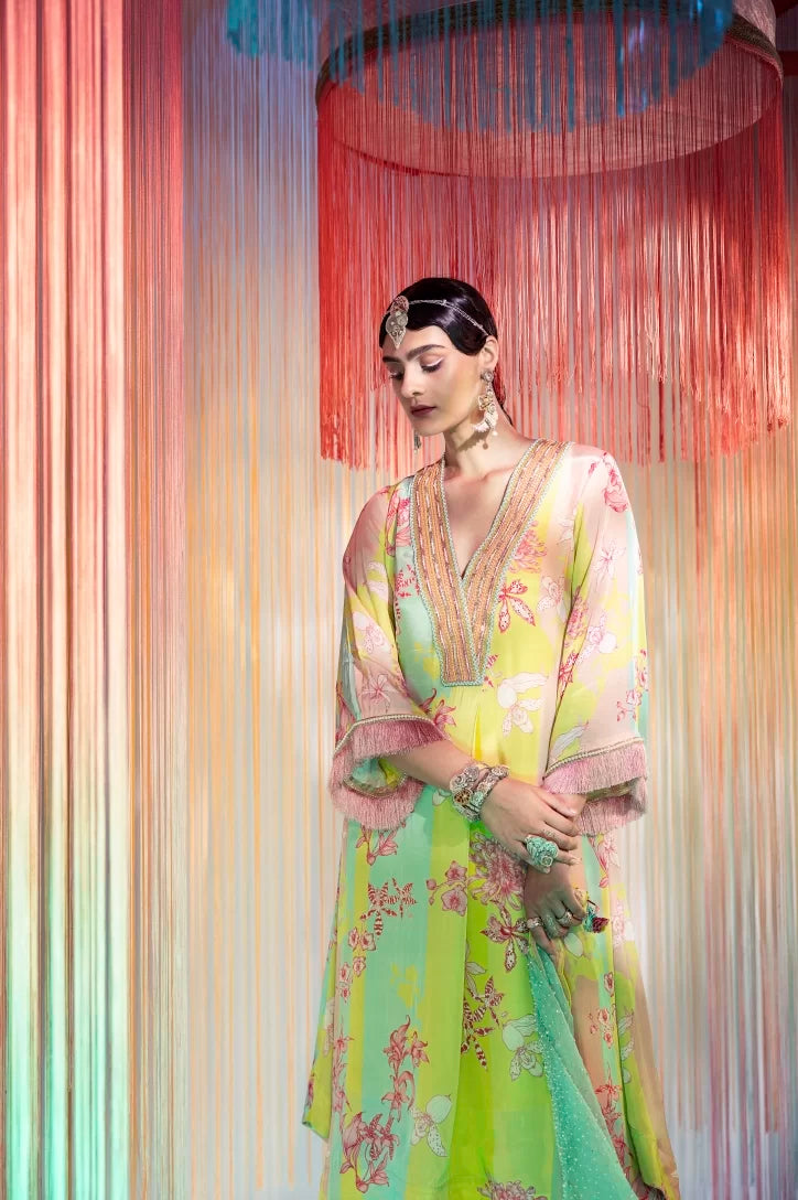 LIME YELLOW ORCHID FRONT PLEAT KURTA SET