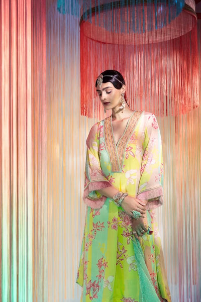 LIME YELLOW ORCHID FRONT PLEAT KURTA SET