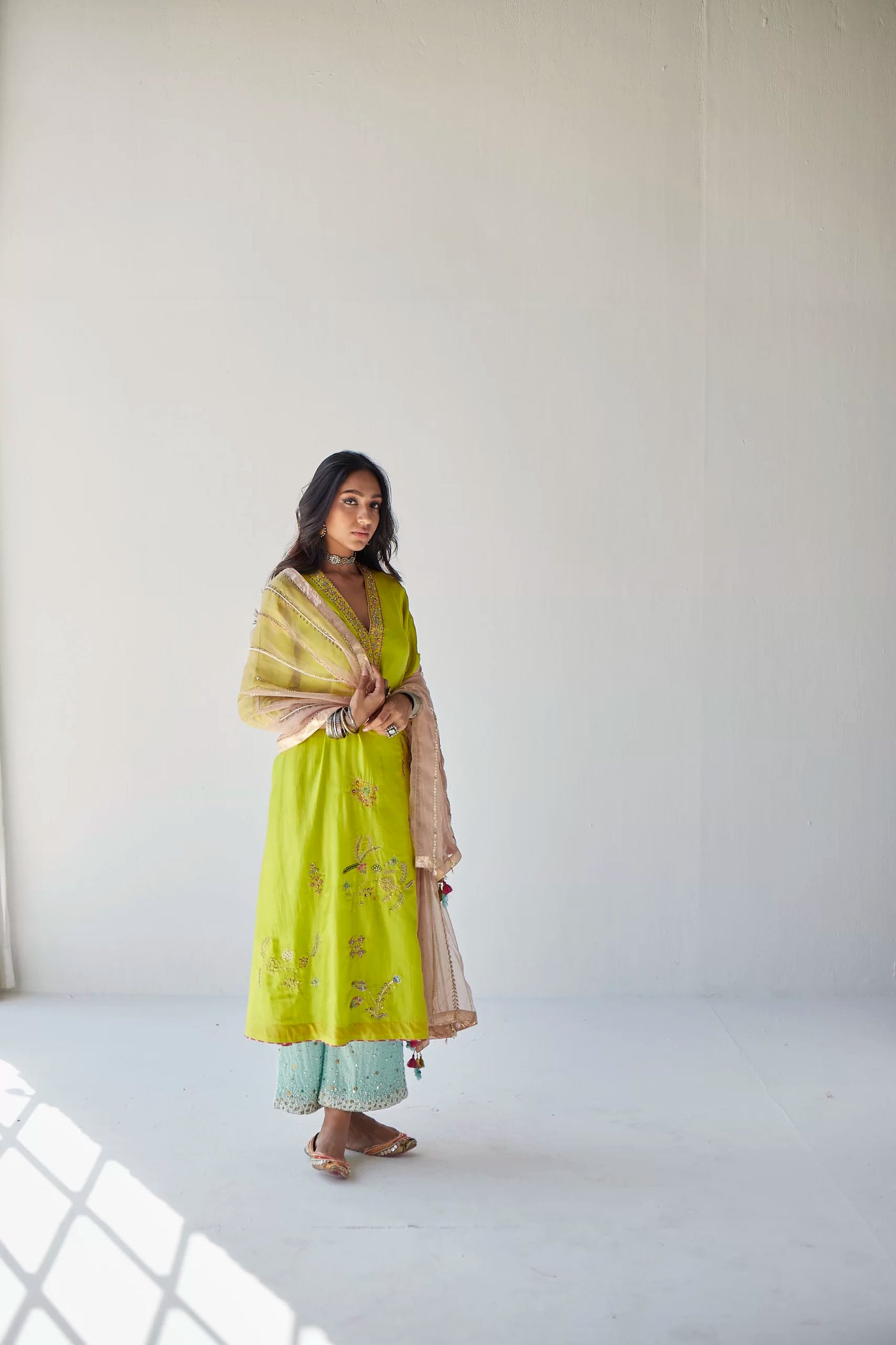 LIME GREEN JAAL SILK KURTA SET