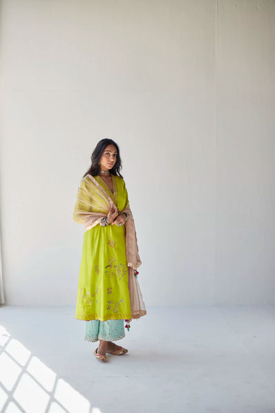 LIME GREEN JAAL SILK KURTA SET