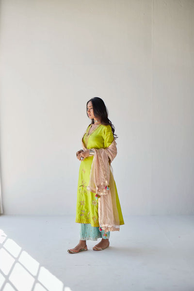 LIME GREEN JAAL SILK KURTA SET