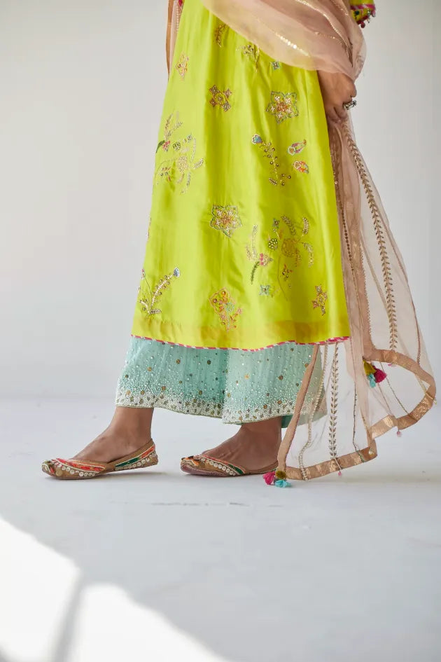 LIME GREEN JAAL SILK KURTA SET