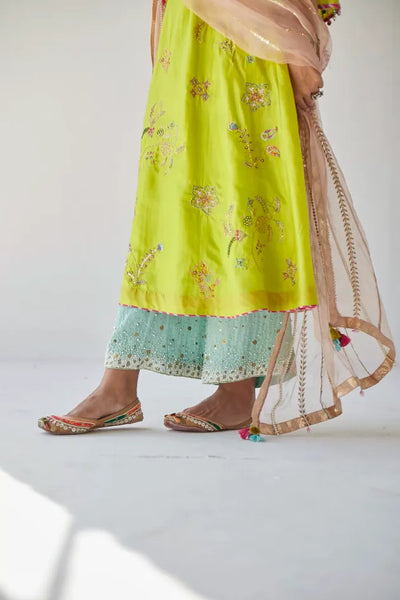LIME GREEN JAAL SILK KURTA SET