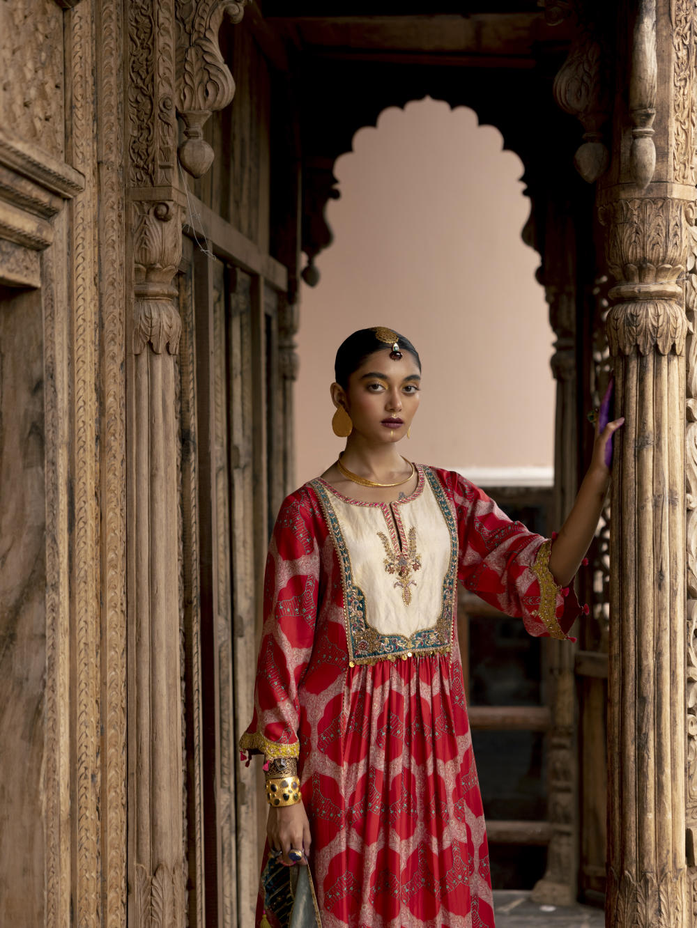 Fariba Red Ivory Yoke Kurta Set
