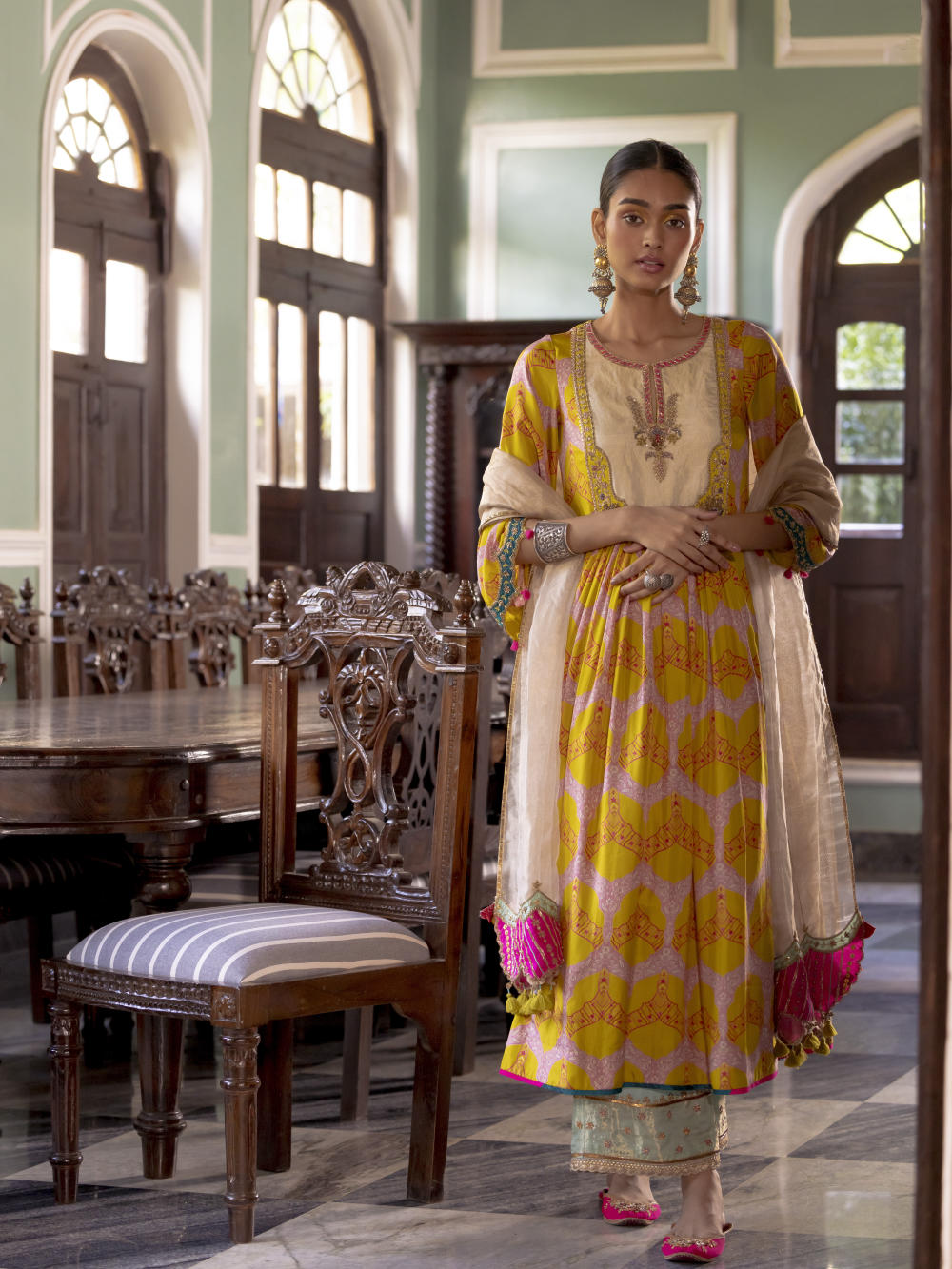 Fariba Lime Yellow Ivory Yoke Kurta Set