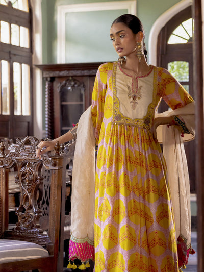 Fariba Lime Yellow Ivory Yoke Kurta Set
