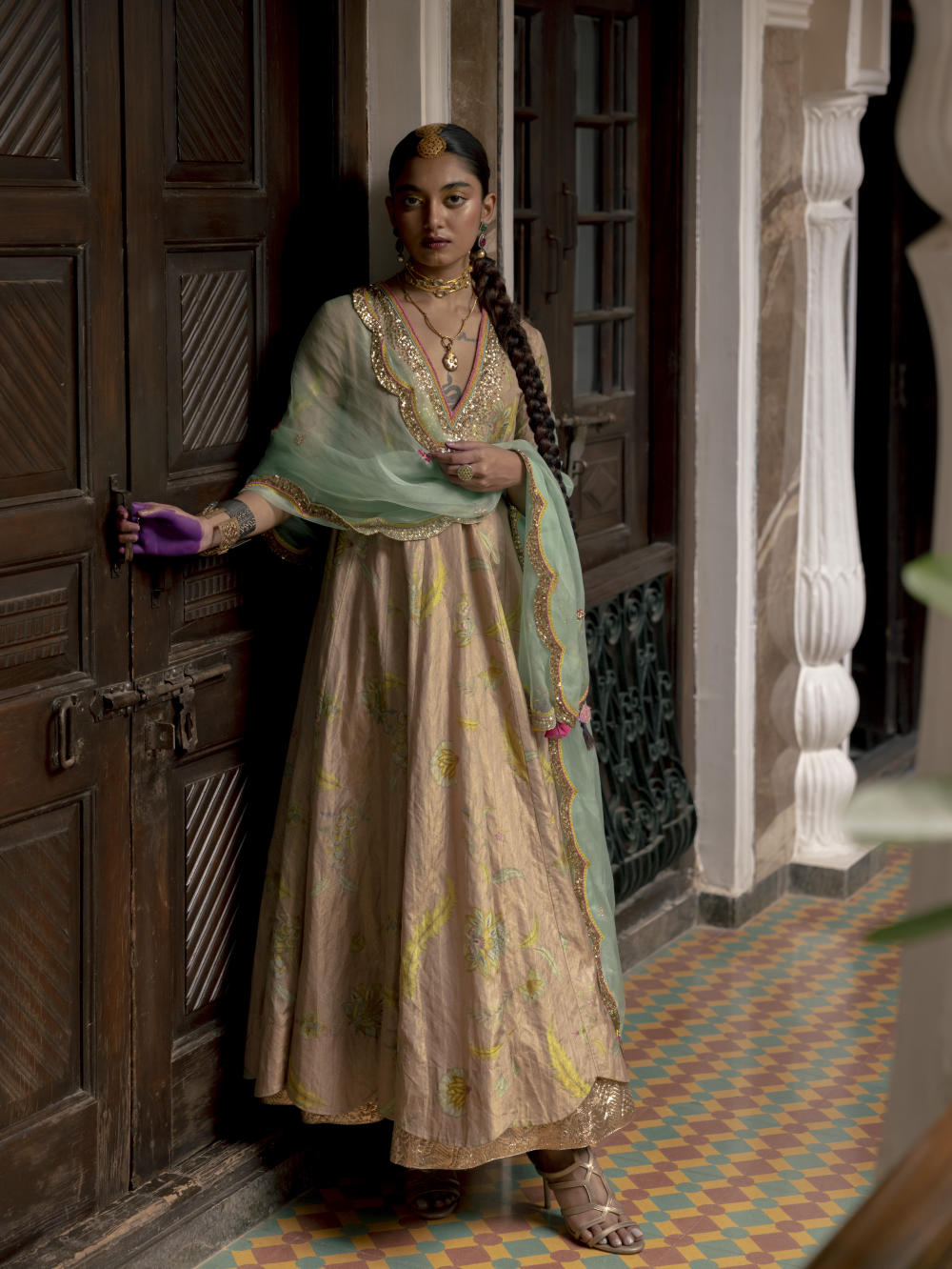 Fariba Nude Pink Printed Tissue Anarkali Set