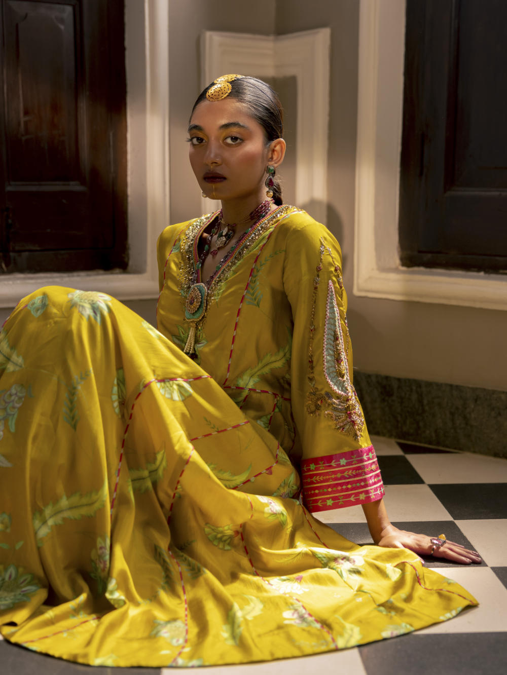 Fariba Lime Yellow Printed Side Kali Kurta Set