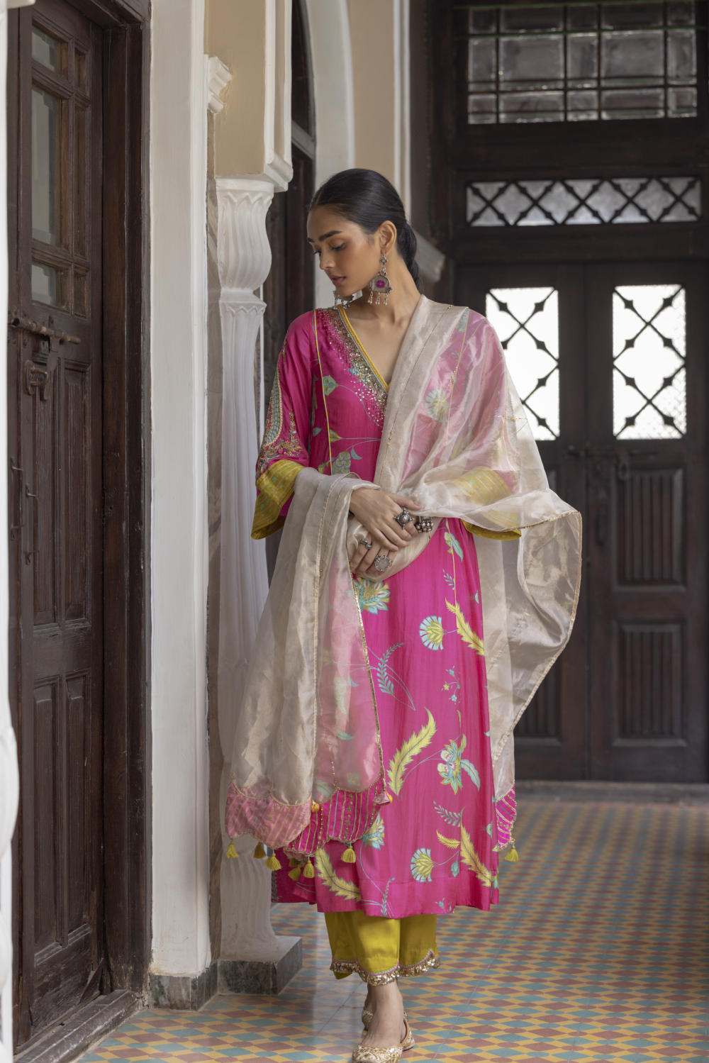 Fariba Hot Pink Printed Side Kali Kurta Set