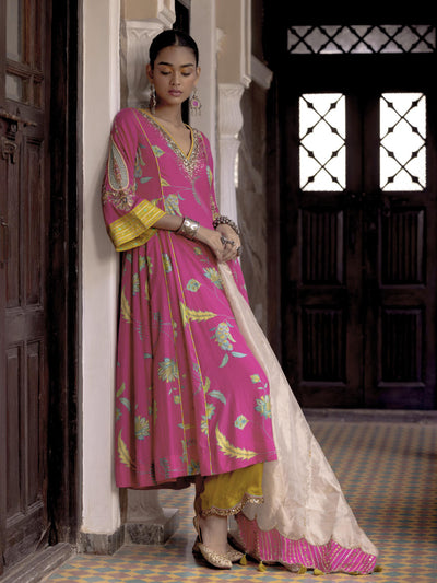 Fariba Hot Pink Printed Side Kali Kurta Set