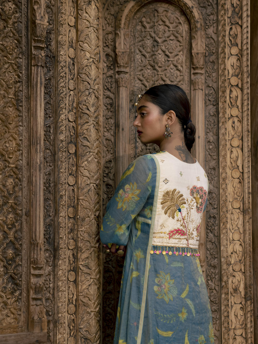 Fariba Moonlight Blue Printed Back Yoke Kurta Set