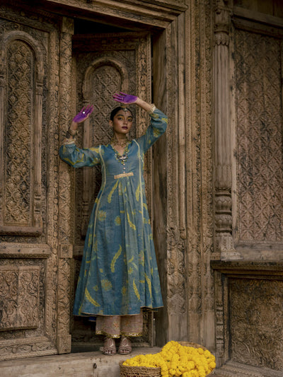 Fariba Moonlight Blue Printed Back Yoke Kurta Set