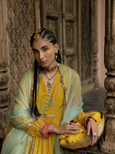 Fariba Lime Yellow Printed Back Yoke Kurta Set