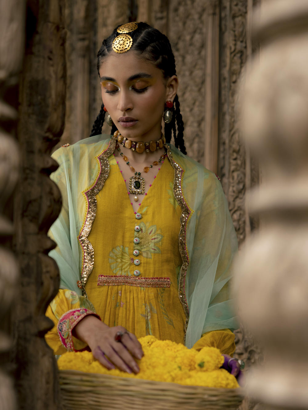 Fariba Lime Yellow Printed Back Yoke Kurta Set
