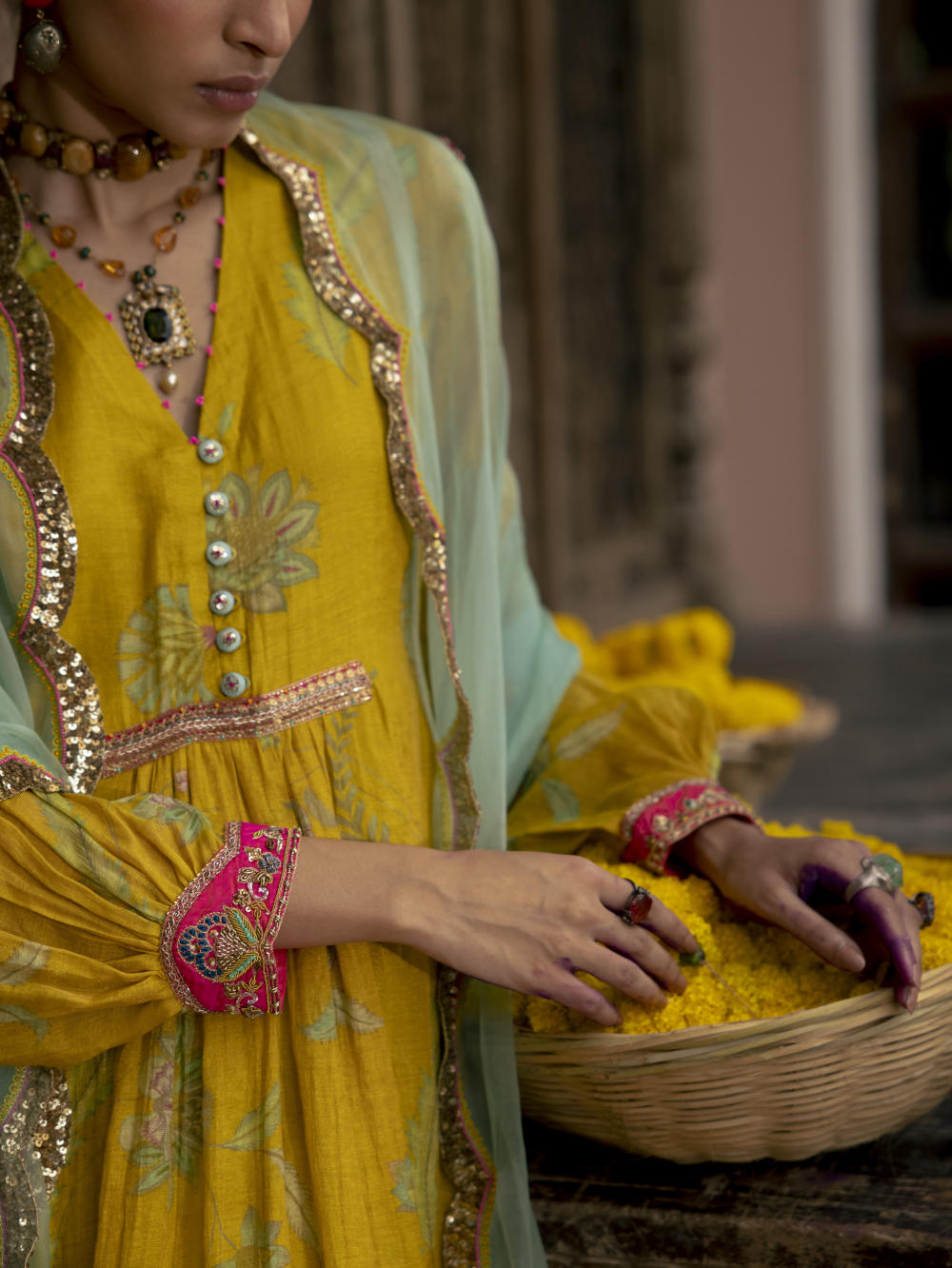 Fariba Lime Yellow Printed Back Yoke Kurta Set