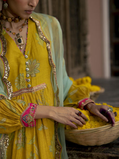 Fariba Lime Yellow Printed Back Yoke Kurta Set